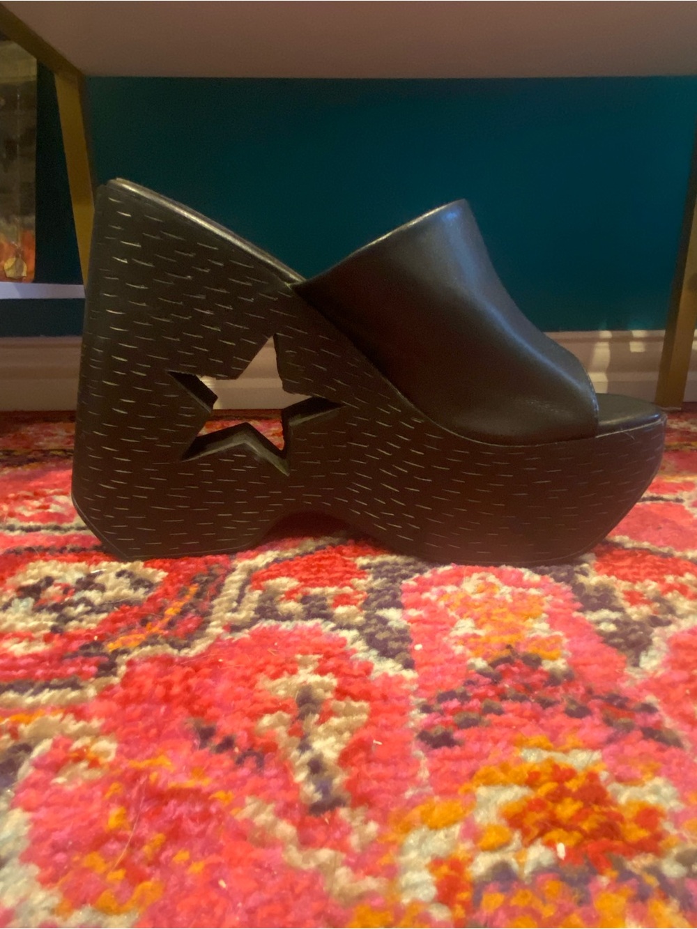Black Star-Cut Wedge Slide Mule - size 11